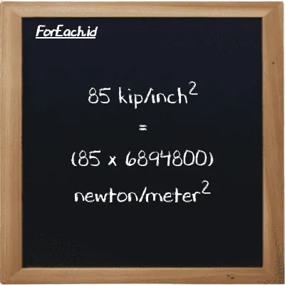 How to convert kip/inch<sup>2</sup> to newton/meter<sup>2</sup>: 85 kip/inch<sup>2</sup> (ksi) is equivalent to 85 times 6894800 newton/meter<sup>2</sup> (N/m<sup>2</sup>)